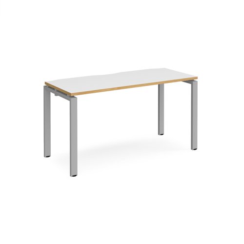 Adapt single desk 1400mm x 600mm - silver frame, white top with oak edging