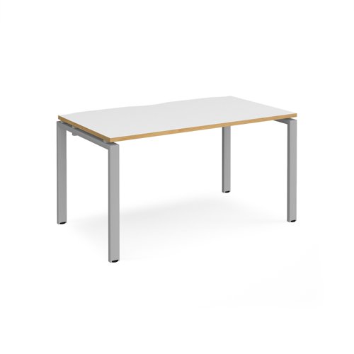 Adapt single desk 1400mm x 800mm - silver frame, white top with oak edging