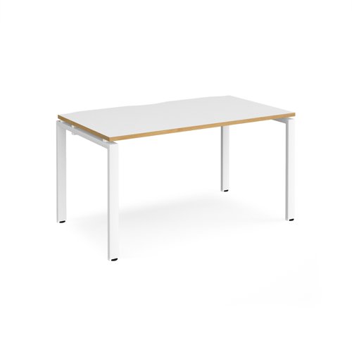 Adapt single desk 1400mm x 800mm - white frame, white top with oak edging