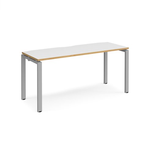 Adapt single desk 1600mm x 600mm - silver frame and white top with oak edging