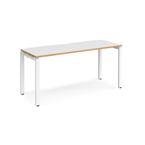 Adapt single desk 1600mm x 600mm - white frame, white top with oak edging
