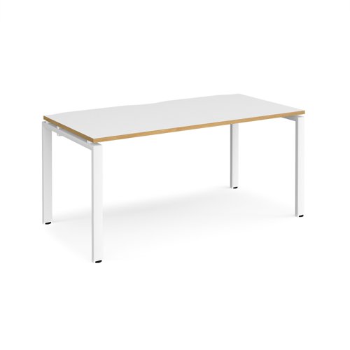 Adapt single desk 1600mm x 800mm - white frame, white top with oak edging