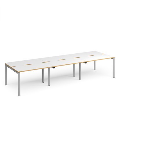 Adapt triple back to back desks 3600mm x 1200mm - silver frame, white top with oak edging