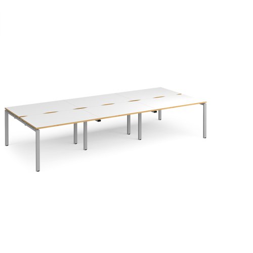 Adapt triple back to back desks 3600mm x 1600mm - silver frame, white top with oak edging