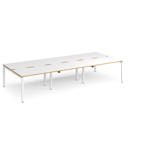 Adapt triple back to back desks 3600mm x 1600mm - white frame, white top with oak edging