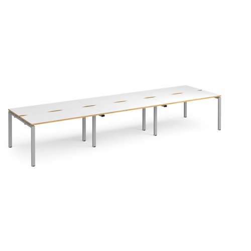 Adapt triple back to back desks 4200mm x 1200mm - silver frame, white top with oak edging