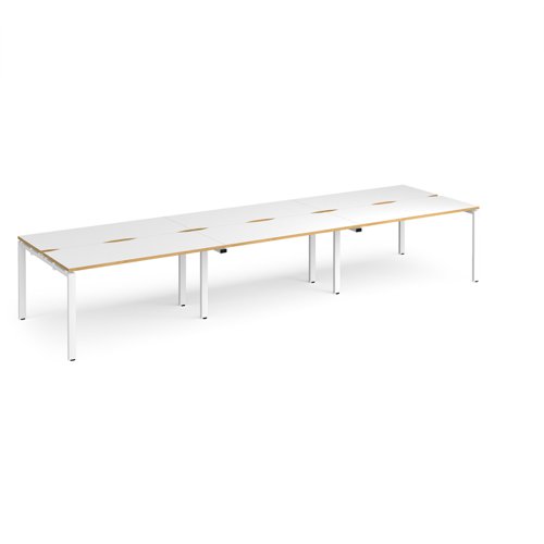Adapt triple back to back desks 4200mm x 1200mm - white frame, white top with oak edging