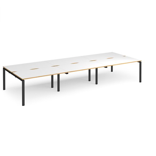 Adapt triple back to back desks 4200mm x 1600mm - black frame, white top with oak edging