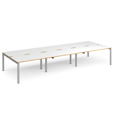 Adapt triple back to back desks 4200mm x 1600mm - silver frame, white top with oak edging