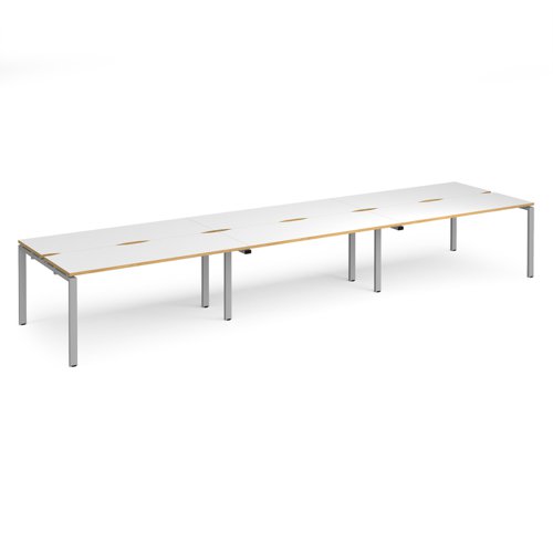 Adapt triple back to back desks 4800mm x 1200mm - silver frame, white top with oak edging