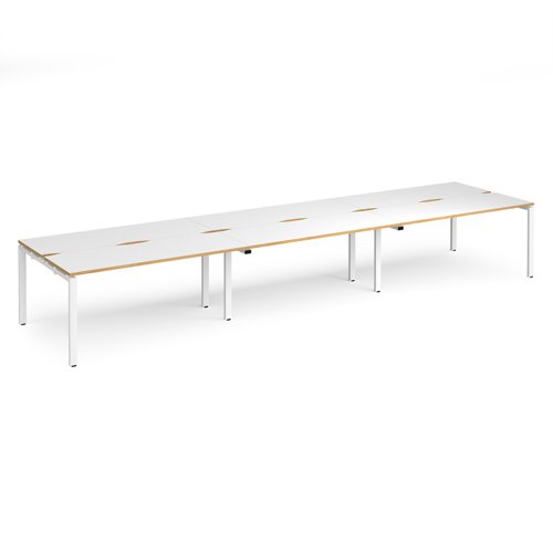 Adapt triple back to back desks 4800mm x 1200mm - white frame, white top with oak edging