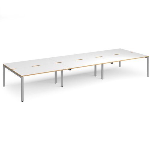 Adapt triple back to back desks 4800mm x 1600mm - silver frame, white top with oak edging