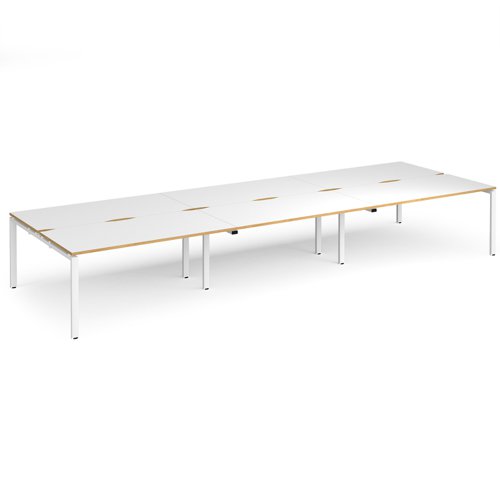 Adapt triple back to back desks 4800mm x 1600mm - white frame, white top with oak edging