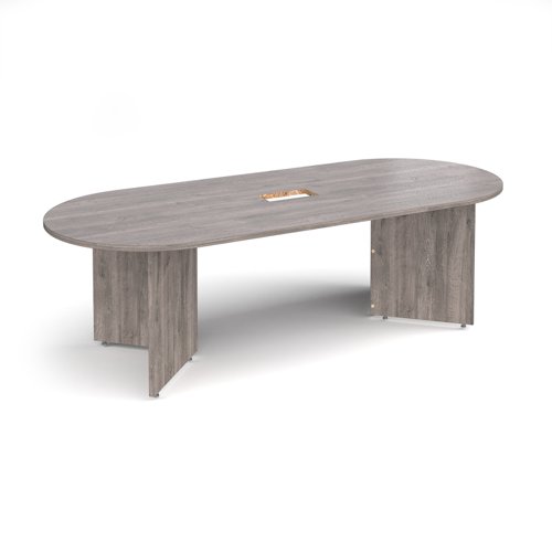 Arrow head leg radial end boardroom table 2400mm x 1000mm with central cutout 272mm x 132mm - grey oak (Made-to-order 4 - 6 week lead time)