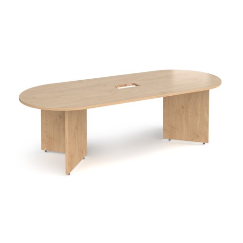 Arrow head leg radial end boardroom table 2400mm x 1000mm with central cutout 272mm x 132mm - Kendal Oak