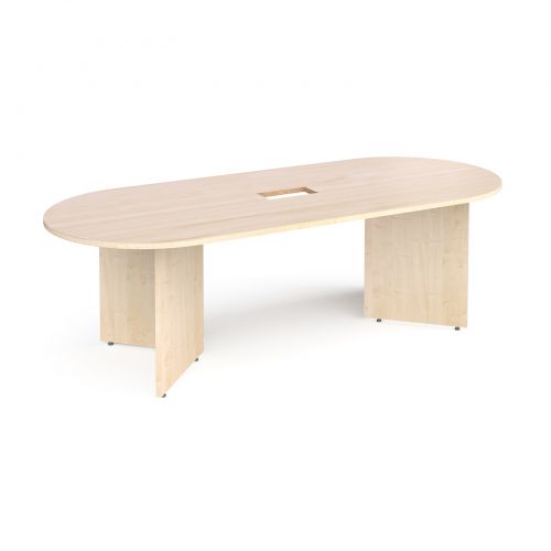 Arrow head leg radial end boardroom table 2400mm x 1000mm with central cutout 272mm x 132mm - maple