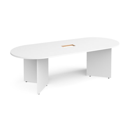 Arrow head leg radial end boardroom table 2400mm x 1000mm with central cutout 272mm x 132mm - white