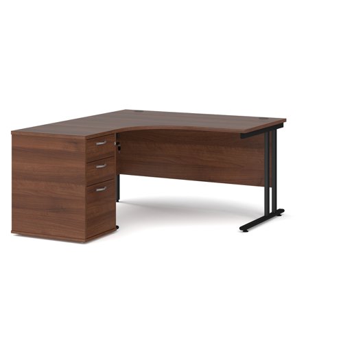 Maestro 25 left hand ergonomic desk 1400mm with black cantilever frame and desk high pedestal - walnut EBK14LW Buy online at Office 5Star or contact us Tel 01594 810081 for assistance