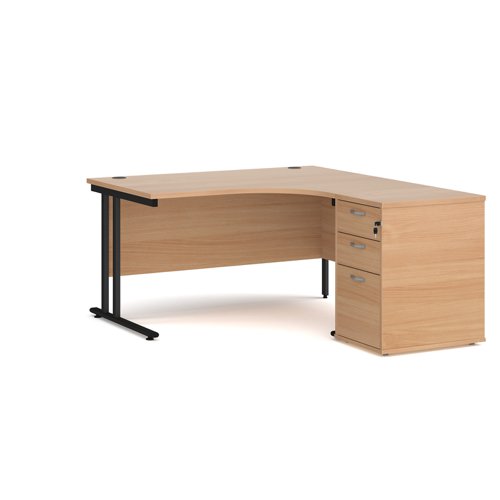 Maestro 25 right hand ergonomic desk 1400mm with black cantilever frame and desk high pedestal - beech