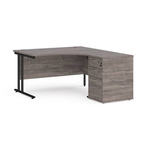 Maestro 25 right hand ergonomic desk 1400mm with black cantilever frame and desk high pedestal - grey oak