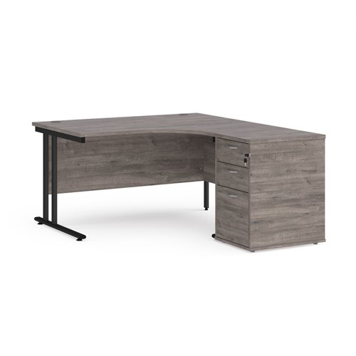 Maestro 25 right hand ergonomic desk 1400mm with black cantilever frame and desk high pedestal - grey oak Office Desks EBK14RGO