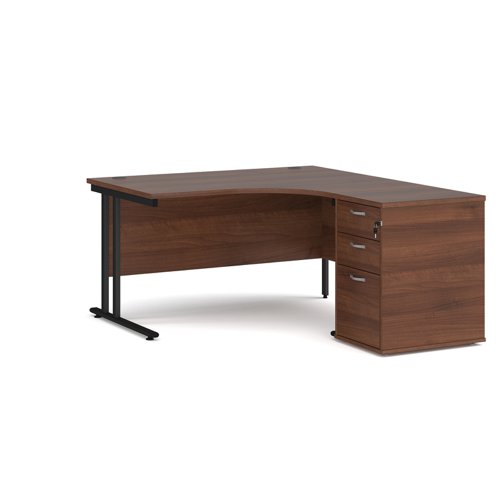 Maestro 25 right hand ergonomic desk 1400mm with black cantilever frame and desk high pedestal - walnut
