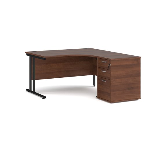 Maestro 25 right hand ergonomic desk 1400mm with black cantilever frame and desk high pedestal - walnut Office Desks EBK14RW