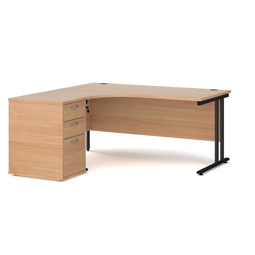 Maestro 25 left hand ergonomic desk 1600mm with black cantilever frame and desk high pedestal - beech
