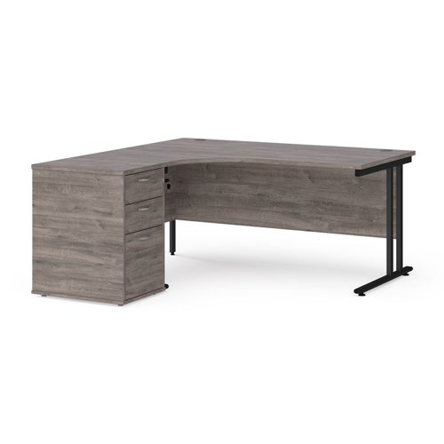 EBK16LGO Maestro 25 left hand ergonomic desk 1600mm with black cantilever frame and desk high pedestal - grey oak