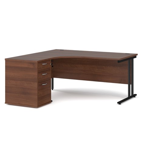 Maestro 25 left hand ergonomic desk 1600mm with black cantilever frame and desk high pedestal - walnut