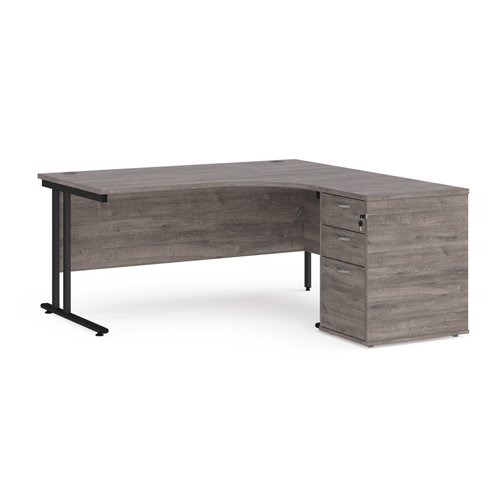 EBK16RGO Maestro 25 right hand ergonomic desk 1600mm with black cantilever frame and desk high pedestal - grey oak