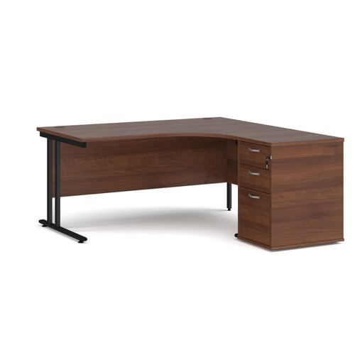 Maestro 25 right hand ergonomic desk 1600mm with black cantilever frame and desk high pedestal - walnut EBK16RW Buy online at Office 5Star or contact us Tel 01594 810081 for assistance