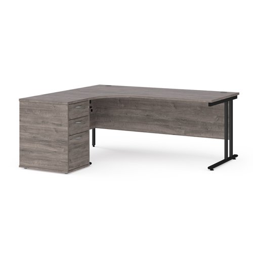 Maestro 25 left hand ergonomic desk 1800mm with black cantilever frame and desk high pedestal - grey oak EBK18LGO Buy online at Office 5Star or contact us Tel 01594 810081 for assistance