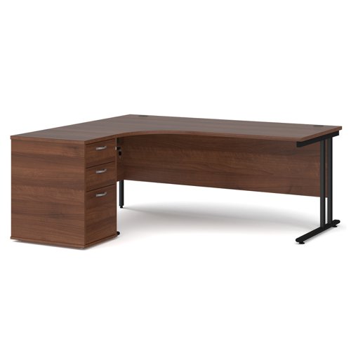 Maestro 25 left hand ergonomic desk 1800mm with black cantilever frame and desk high pedestal - walnut EBK18LW Buy online at Office 5Star or contact us Tel 01594 810081 for assistance