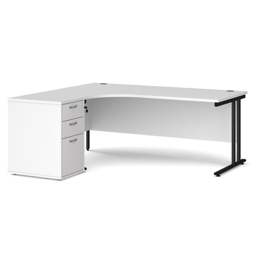 Maestro 25 left hand ergonomic desk 1800mm with black cantilever frame and desk high pedestal - white EBK18LWH Buy online at Office 5Star or contact us Tel 01594 810081 for assistance