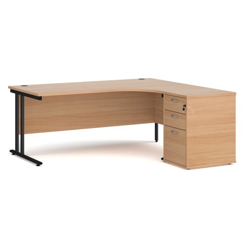Maestro 25 right hand ergonomic desk 1800mm with black cantilever frame and desk high pedestal - beech