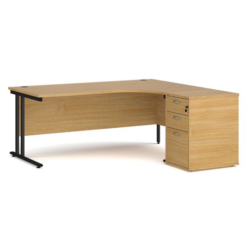 Maestro 25 right hand ergonomic desk 1800mm with black cantilever frame and desk high pedestal - oak