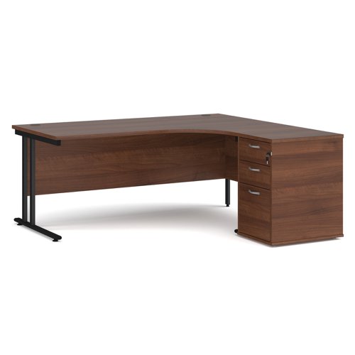 Maestro 25 right hand ergonomic desk 1800mm with black cantilever frame and desk high pedestal - walnut