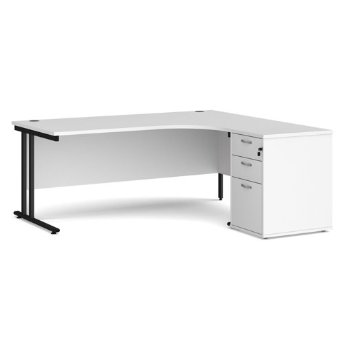 Maestro 25 right hand ergonomic desk 1800mm with black cantilever frame and desk high pedestal - white