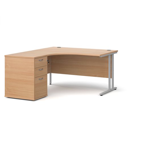 Maestro 25 left hand ergonomic desk 1400mm with silver cantilever frame and desk high pedestal - beech