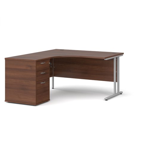 Maestro 25 left hand ergonomic desk 1400mm with silver cantilever frame and desk high pedestal - walnut EBS14LW Buy online at Office 5Star or contact us Tel 01594 810081 for assistance