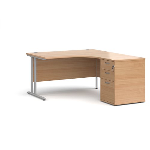 Maestro 25 right hand ergonomic desk 1400mm with silver cantilever frame and desk high pedestal - beech