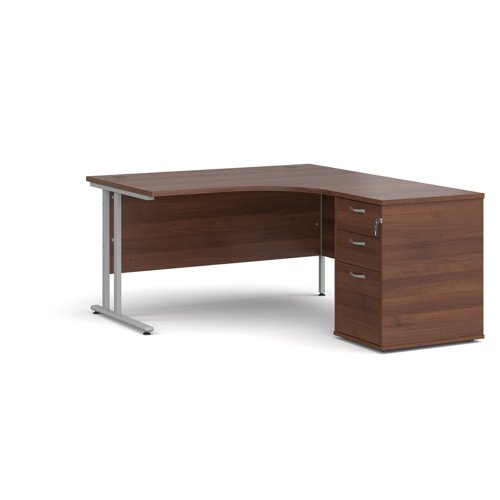 Maestro 25 right hand ergonomic desk 1400mm with silver cantilever frame and desk high pedestal - walnut EBS14RW Buy online at Office 5Star or contact us Tel 01594 810081 for assistance