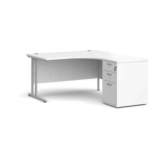 Maestro 25 right hand ergonomic desk 1400mm with silver cantilever frame and desk high pedestal - white Office Desks EBS14RWH