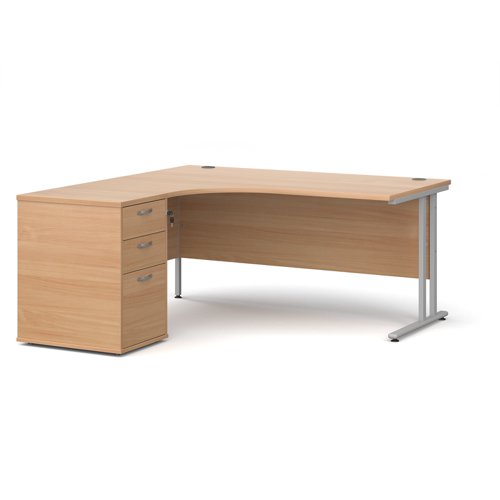 Maestro 25 left hand ergonomic desk 1600mm with silver cantilever frame and desk high pedestal - beech Office Desks EBS16LB