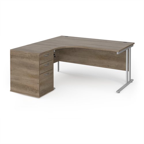 Maestro 25 left hand ergonomic desk 1600mm with silver cantilever frame and desk high pedestal - Nebraska Oak