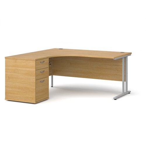 Maestro 25 left hand ergonomic desk 1600mm with silver cantilever frame and desk high pedestal - oak EBS16LO Buy online at Office 5Star or contact us Tel 01594 810081 for assistance