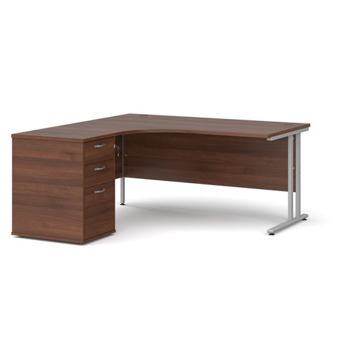 Maestro 25 left hand ergonomic desk 1600mm with silver cantilever frame and desk high pedestal - walnut Office Desks EBS16LW