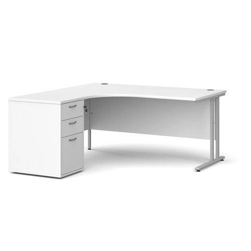 Maestro 25 left hand ergonomic desk 1600mm with silver cantilever frame and desk high pedestal - white Office Desks EBS16LWH