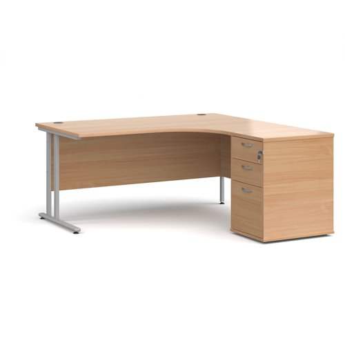 Maestro 25 right hand ergonomic desk 1600mm with silver cantilever frame and desk high pedestal - beech Office Desks EBS16RB